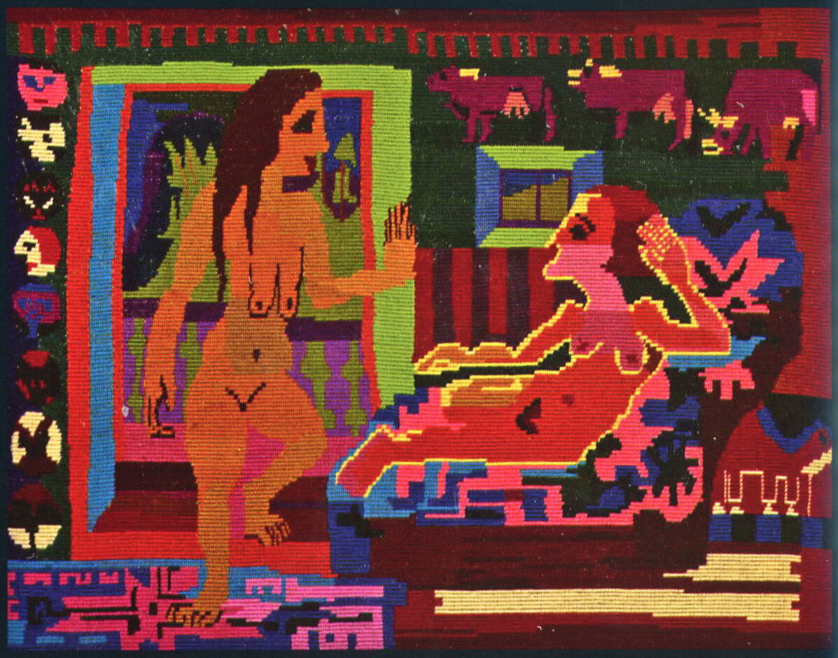 Ernst Ludwig Kirchner (design) and Gret Gujer (execution), Erna and Nina at the House In den Lärchen, 1921, petit point embroidery on canvas.